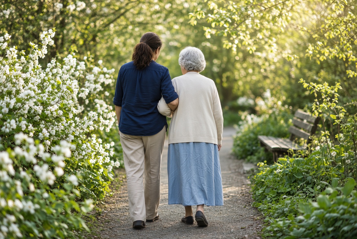 Opiekunka spaceruje z seniorką po ogrodzie