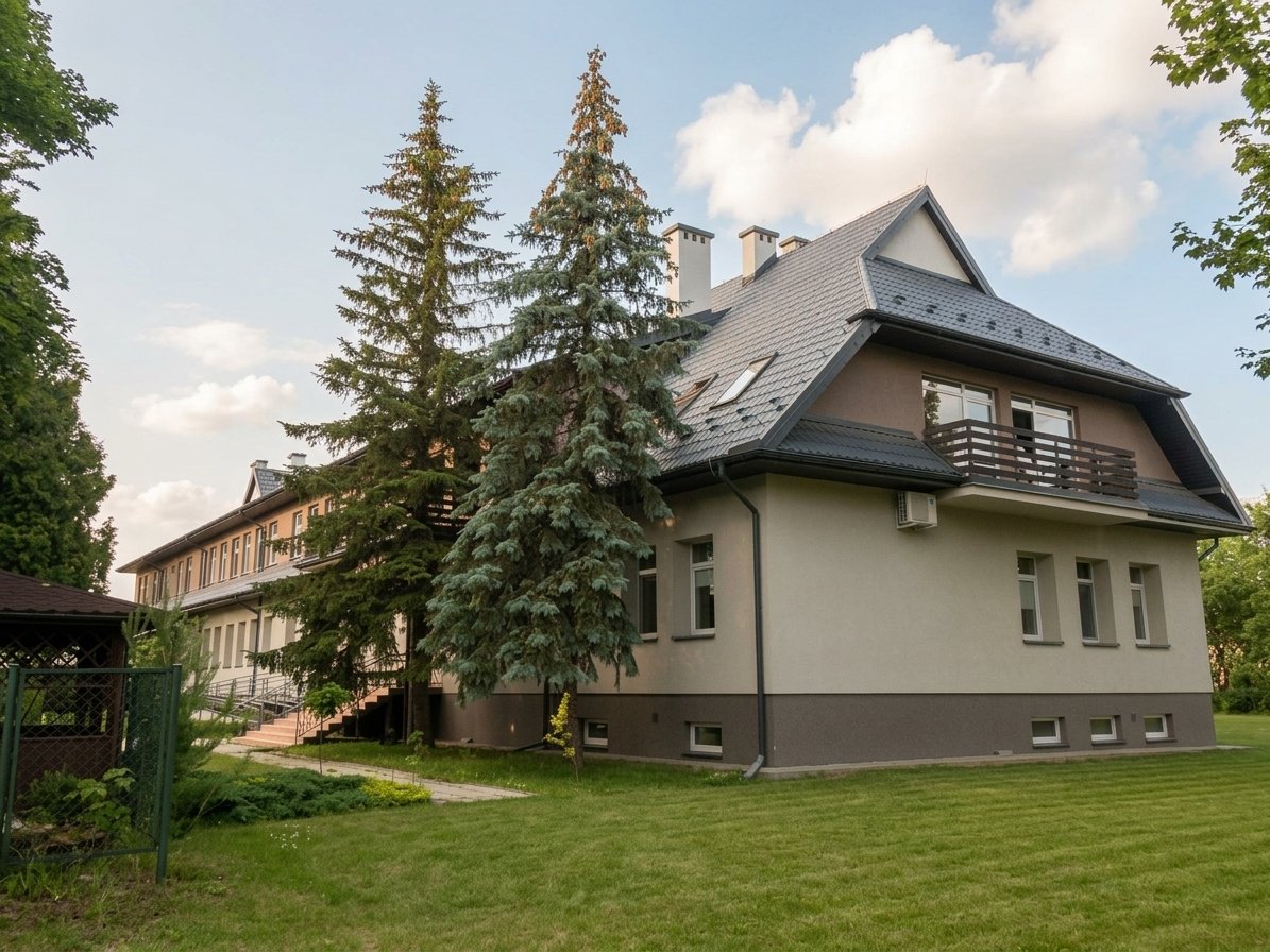 Budynek zakładu z ciemnym dachem i balkonem, otoczony świerkami